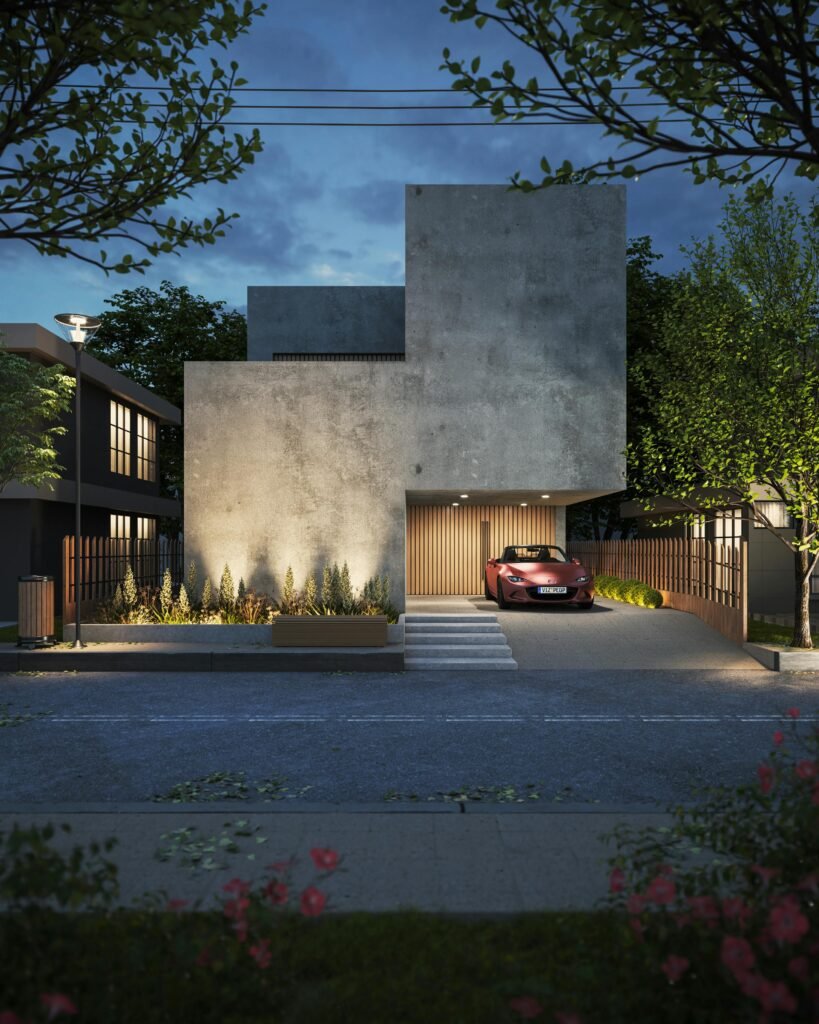 Contemporary concrete house design with a sleek modern style car parked outside at dusk.